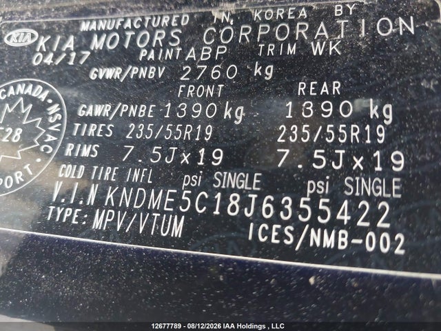 Продаж на аукціоні авто 2018 Kia Sedona Sxl, vin: KNDME5C18J6355422, номер лоту: 12677789