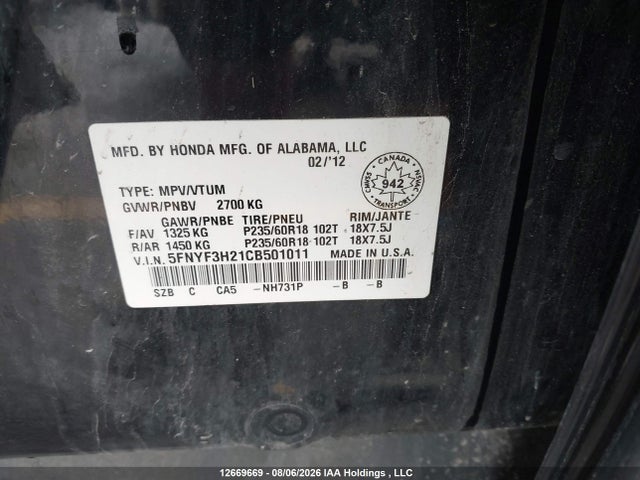 Продаж на аукціоні авто 2012 Honda Pilot Lx, vin: 5FNYF3H21CB501011, номер лоту: 12669669