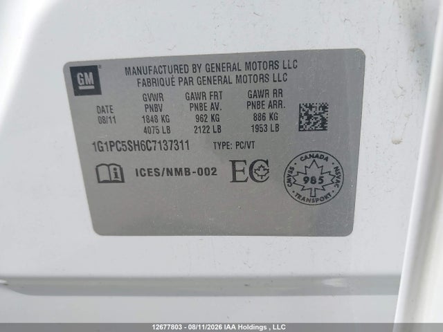 Aukcja sprzedaży 2012 Chevrolet Cruze Ls, vin: 1G1PC5SH6C7137311, numer aukcji: 12677803
