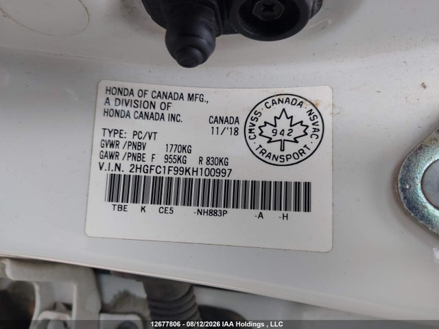 Продаж на аукціоні авто 2019 Honda Civic Touring, vin: 2HGFC1F99KH100997, номер лоту: 12677806