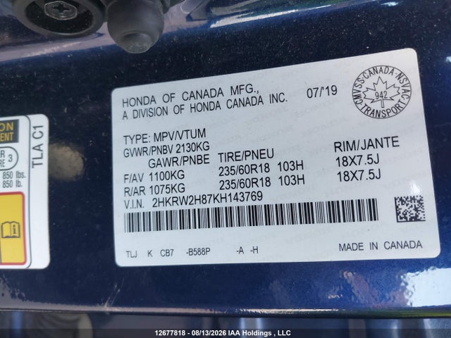 Honda CR-V EXL 2019 2HKRW2H87KH143769 Image 9
