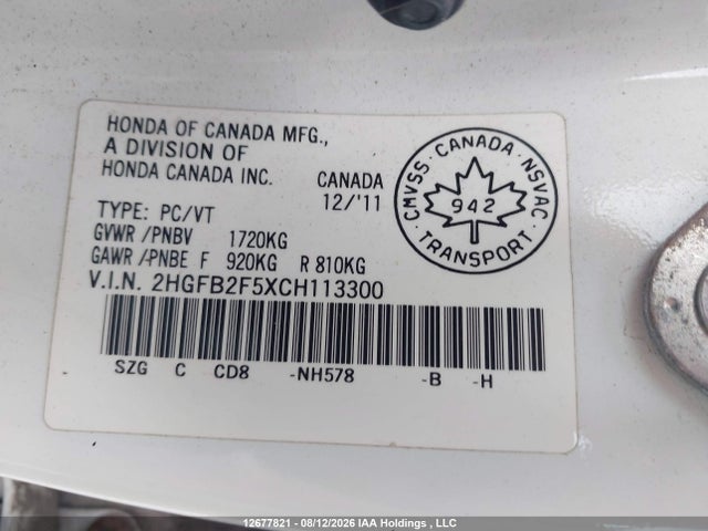 Aukcja sprzedaży 2012 Honda Civic Ex, vin: 2HGFB2F5XCH113300, numer aukcji: 12677821