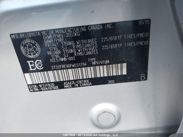 2015 Toyota Rav4 Le მანქანა იყიდება აუქციონზე, vin: 2T3ZFREV6FW231794, აუქციონის ნომერი: 12677825