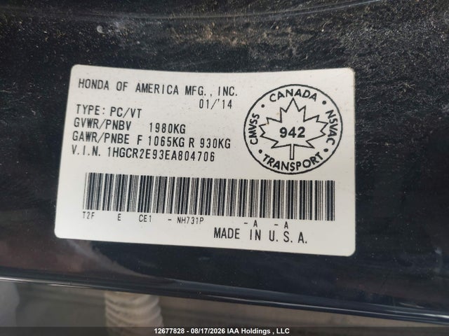 12677828 :رقم المزاد ، 1HGCR2E93EA804706 vin ، 2014 Honda Accord Touring مزاد بيع