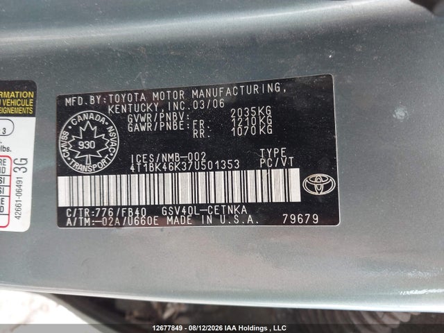 Aukcja sprzedaży 2007 Toyota Camry Le/xle/se, vin: 4T1BK46K37U501353, numer aukcji: 12677849