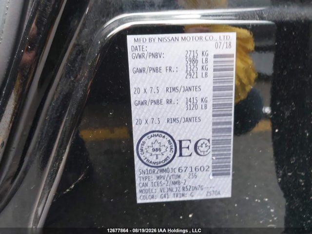 Продажа на аукционе авто 2018 Nissan Pathfinder S/sv/sl/platinum, vin: 5N1DR2MM0JC671602, номер лота: 12677864