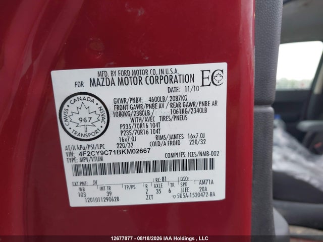 12677877 :رقم المزاد ، 4F2CY9C71BKM02667 vin ، 2011 Mazda Tribute Gx I4 مزاد بيع