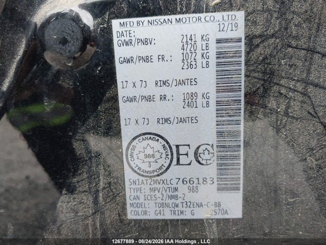 Auction sale of the 2020 Nissan Rogue S/sl/sv, vin: 5N1AT2MVXLC766183, lot number: 12677889