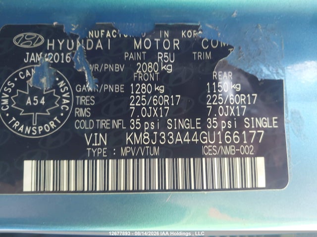 12677893 :رقم المزاد ، KM8J33A44GU166177 vin ، 2016 Hyundai Tucson Limited/sport And Eco/se مزاد بيع