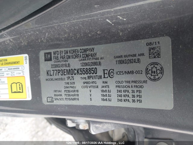12677895 :رقم المزاد ، KL77P3EM0CK558850 vin ، 2012 Chevrolet Orlando مزاد بيع