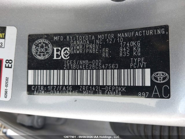 12677901 :رقم المزاد ، 2T1BU4EE2BC547563 vin ، 2011 Toyota Corolla S/le مزاد بيع