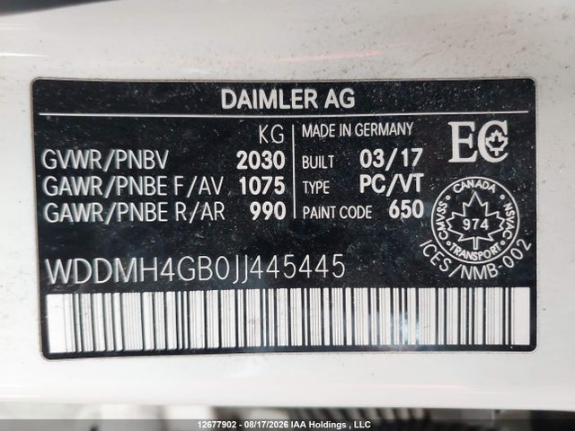 12677902 :رقم المزاد ، WDDMH4GB0JJ445445 vin ، 2018 Mercedes-benz B 250 4matic Sports Tourer مزاد بيع
