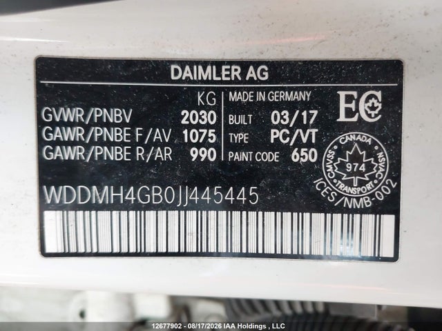 12677902 :رقم المزاد ، WDDMH4GB0JJ445445 vin ، 2018 Mercedes-benz B 250 4matic Sports Tourer مزاد بيع