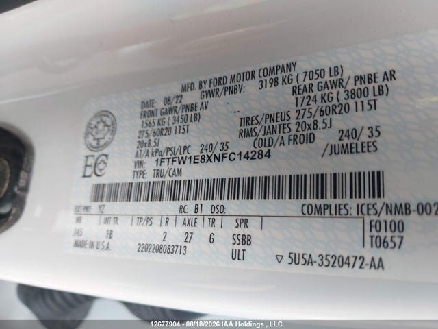 Ford F-150 Xlt 2022 1FTFW1E8XNFC14284 Image 9