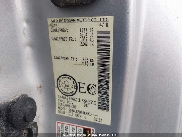 12677913 :رقم المزاد ، 1N4AL2EP6AC159270 vin ، 2010 Nissan Altima 2.5 S مزاد بيع