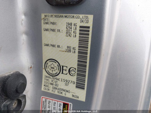 12677913 :رقم المزاد ، 1N4AL2EP6AC159270 vin ، 2010 Nissan Altima 2.5 S مزاد بيع