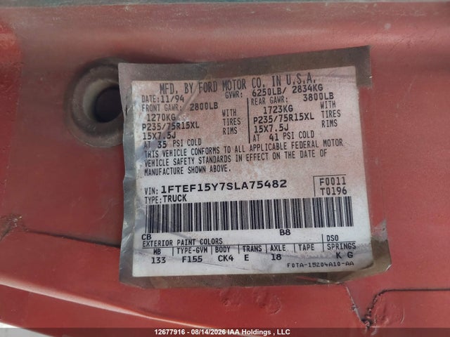 Aukcja sprzedaży 1995 Ford F-150, vin: 1FTEF15Y7SLA75482, numer aukcji: 12677916