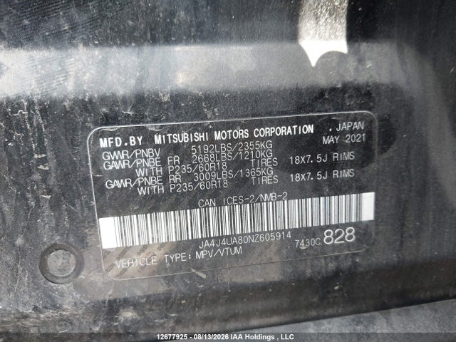 Продаж на аукціоні авто 2022 Mitsubishi Outlander Le/le Premium/se/sel, vin: JA4J4UA80NZ605914, номер лоту: 12677925