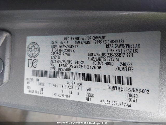 Ford ESCAPE SE 2017 1FMCU9G92HUB17606 Image 9