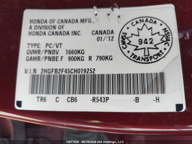 2012 Honda Civic Lx მანქანა იყიდება აუქციონზე, vin: 2HGFB2F45CH019252, აუქციონის ნომერი: 12677928