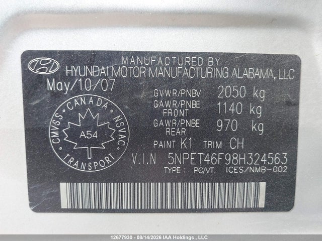 2008 Hyundai Sonata Gls მანქანა იყიდება აუქციონზე, vin: 5NPET46F98H324563, აუქციონის ნომერი: 12677930