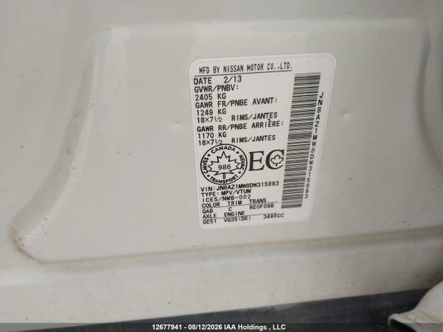 12677941 :رقم المزاد ، JN8AZ1MW8DW315893 vin ، 2013 Nissan Murano S/sl/le مزاد بيع