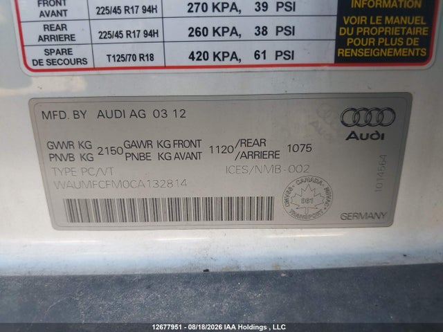 Aukcja sprzedaży 2012 Audi A3 Premium Plus, vin: WAUMFCFM0CA132814, numer aukcji: 12677951