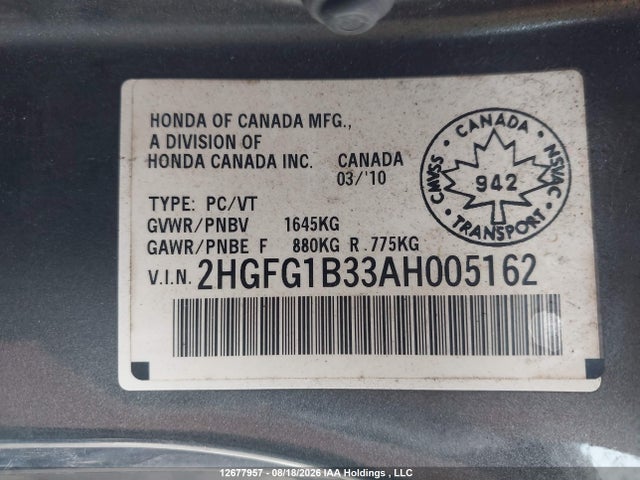 Продаж на аукціоні авто 2010 Honda Civic, vin: 2HGFG1B33AH005162, номер лоту: 12677957