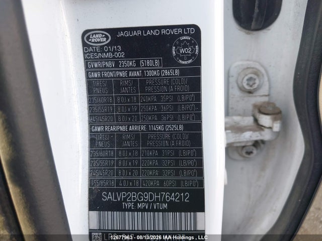 Продаж на аукціоні авто 2013 Land Rover Range Rover Evoque Pure Plus, vin: SALVP2BG9DH764212, номер лоту: 12677963