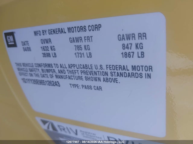 12677987 :رقم المزاد ، 1G1YY26E965126243 vin ، 2006 Chevrolet Corvette Z06 Hardtop مزاد بيع