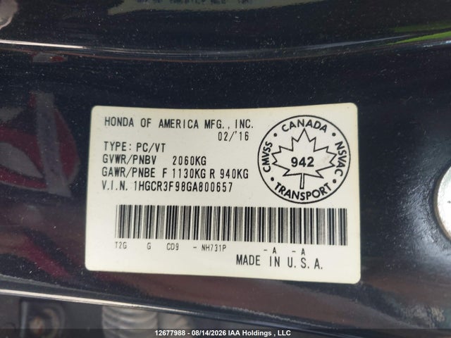 1HGCR3F98GA800657 Honda Accord Touring V6