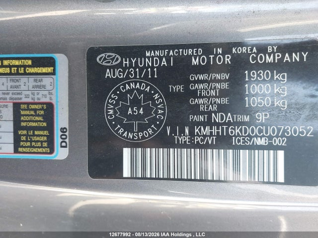 12677992 :رقم المزاد ، KMHHT6KD0CU073052 vin ، 2012 Hyundai Genesis 2.0t Premium مزاد بيع