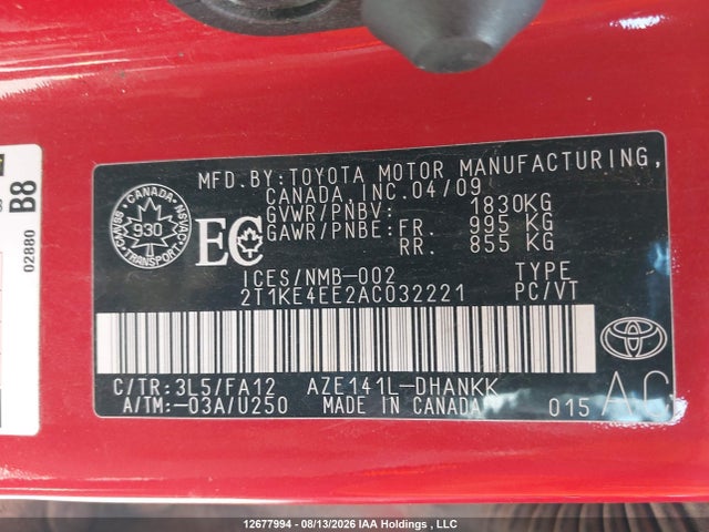12677994 :رقم المزاد ، 2T1KE4EE2AC032221 vin ، 2010 Toyota Corolla Matrix S مزاد بيع