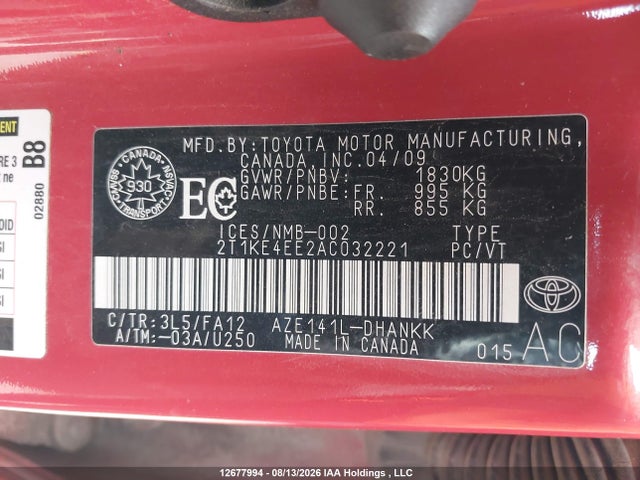 12677994 :رقم المزاد ، 2T1KE4EE2AC032221 vin ، 2010 Toyota Corolla Matrix S مزاد بيع