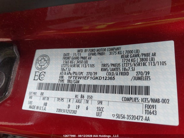 Ford F150 Supercrew 2016 1FTEW1EF1GKD12365 Image 9