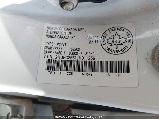 12678004 :رقم المزاد ، 2HGFC2F61JH011256 vin ، 2018 Honda Civic Se مزاد بيع