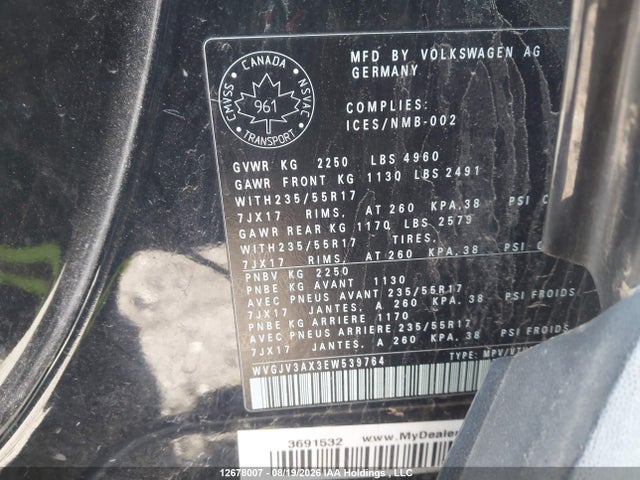 Продаж на аукціоні авто 2014 Volkswagen Tiguan, vin: WVGJV3AX3EW539764, номер лоту: 12678007