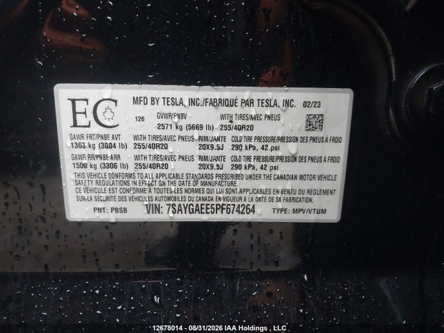 Продажа на аукционе авто 2023 Tesla Model Y Long Range, vin: 7SAYGAEE5PF674264, номер лота: 12678014