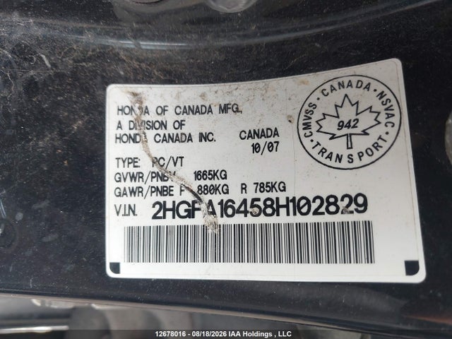 Продажа на аукционе авто 2008 Honda Civic Dx-g, vin: 2HGFA16458H102829, номер лота: 12678016