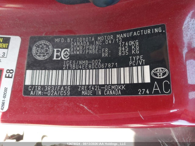 2013 Toyota Corolla S/le მანქანა იყიდება აუქციონზე, vin: 2T1BU4EE8DC067871, აუქციონის ნომერი: 12678024