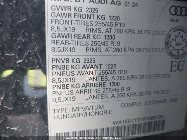 12678030 :رقم المزاد ، WA1EECF31R1088729 vin ، 2024 Audi Q3 مزاد بيع