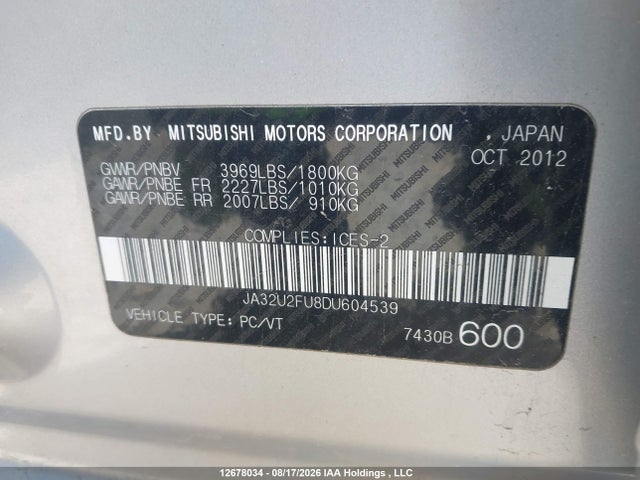 Aukcja sprzedaży 2013 Mitsubishi Lancer Es/es Sport, vin: JA32U2FU8DU604539, numer aukcji: 12678034