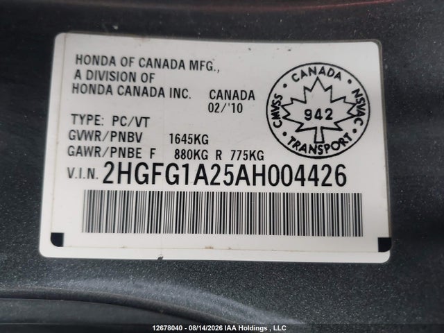 Продаж на аукціоні авто 2010 Honda Civic Dx, vin: 2HGFG1A25AH004426, номер лоту: 12678040