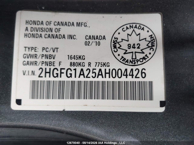 Продаж на аукціоні авто 2010 Honda Civic Dx, vin: 2HGFG1A25AH004426, номер лоту: 12678040