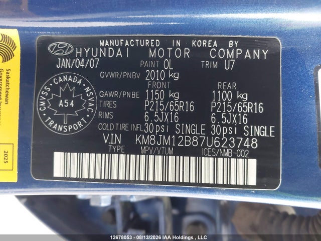 Продаж на аукціоні авто 2007 Hyundai Tucson Gl, vin: KM8JM12B87U623748, номер лоту: 12678053