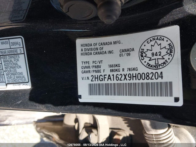 12678055 :رقم المزاد ، 2HGFA162X9H008204 vin ، 2009 Honda Civic Dx/dx-a مزاد بيع