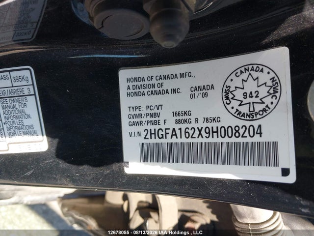 12678055 :رقم المزاد ، 2HGFA162X9H008204 vin ، 2009 Honda Civic Dx/dx-a مزاد بيع