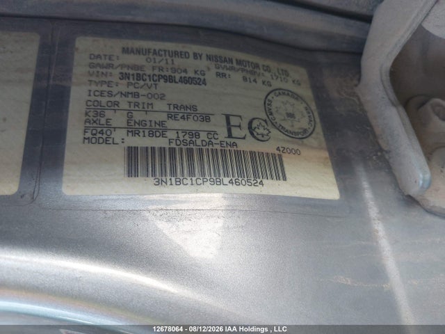 2011 Nissan Versa S/sl მანქანა იყიდება აუქციონზე, vin: 3N1BC1CP9BL460524, აუქციონის ნომერი: 12678064