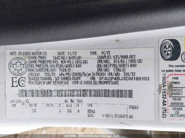 12678086 :رقم المزاد ، 3FADP4BJ3DM160103 vin ، 2013 Ford Fiesta Se مزاد بيع