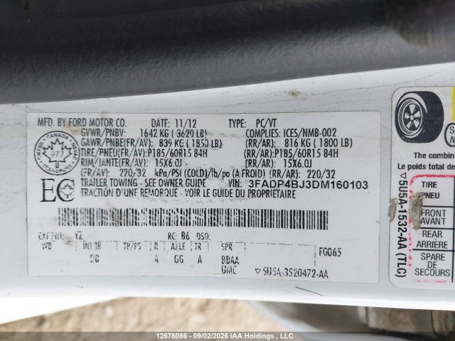 12678086 :رقم المزاد ، 3FADP4BJ3DM160103 vin ، 2013 Ford Fiesta Se مزاد بيع